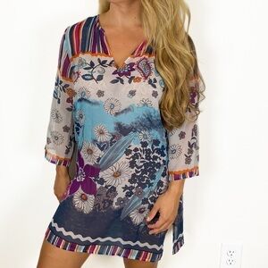 COLDWATER CREEK Silk Floral White Sheer tunic Top Coverup Size Medium